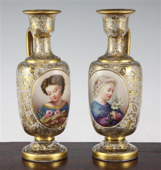A pair of Bohemian enamelled and gilt decorated glass ewers, late 19th century, 20.5cm